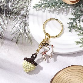 Pine Cones and Sika Deer Glass Seed Bead Keychain, with Alloy Enamel Pendants and Iron Split Key Rings