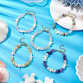 Starfish Synthetic Turquoise & Gemstone Chip Beaded Bracelets for Women, with 304 Stainless Steel Lobster Claw Clasps