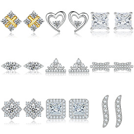 Boucles d'oreilles couronne chic en forme de coeur avec pierres de zircone géométriques - bijoux fantaisie en argent sterling pour femme