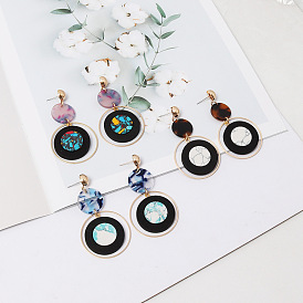 Resin Inlaid Copper Ball Long Earrings with Circular Bronze Ring and Wood, Fashionable and Trendy.