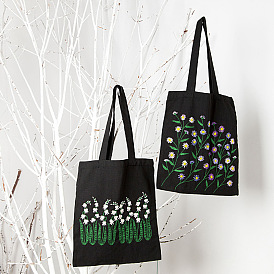 DIY Plants/Scenery/Human Pattern Black Canvas Bag 3D Ribbon Embroidery Kits, Including Printed Cotton Fabric, Embroidery Thread & Needles