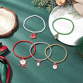 5шт. рождественские браслеты с подвесками из сплава и эмали, браслеты из стеклянных бусин для мужчин и женщин, разнообразные