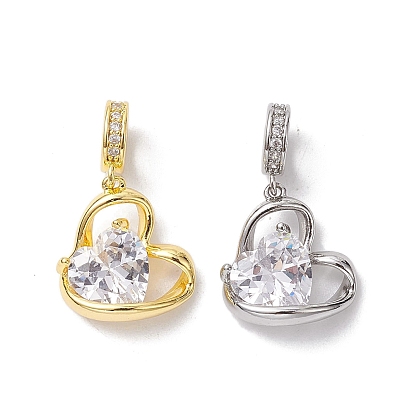 Valentine's Day Brass Micro Pave Clear Cubic Zirconia Pendants, Cadmium Free & Nickel Free & Lead Free, Heart Charms