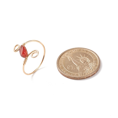 Natural Red Agate Braided Finger Ring, Light Gold Plated Copper Wire Wrap Jewelry for Women