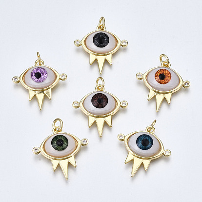 Brass Micro Pave Clear Cubic Zirconia Pendants, with Resin Bead, Cadmium Free & Nickel Free & Lead Free, Eye, Real 16K Gold Plated