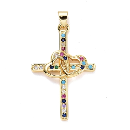 Cubic Zirconia Pendants, with Real 18K Gold Plated Brass Findings, Long-Lasting Plated, Lead Free & Cadmium Free, Cross with Heart