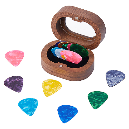 1 Овальные деревянные ящики для хранения гитарных медиаторов из поликарбоната с магнитными крышками и прозрачными окнами, с 16шт. треугольными гитарными медиаторами из смолы