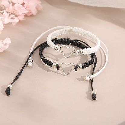 2Pcs 2 Color Alloy Heart Link Braceets Set, Adjustable Couple Bracelets for Valentine's Day