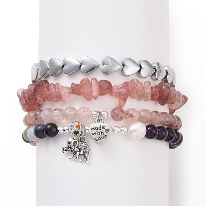 4Pcs Natural & Synthetic Gemstone Stretch Bracelet Sets, Alloy Charms Bracelets for Women