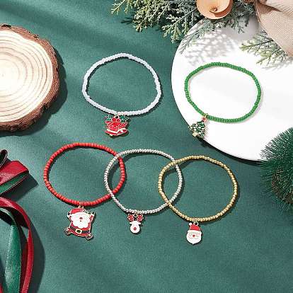 5шт. рождественские браслеты с подвесками из сплава и эмали, браслеты из стеклянных бусин для мужчин и женщин, разнообразные