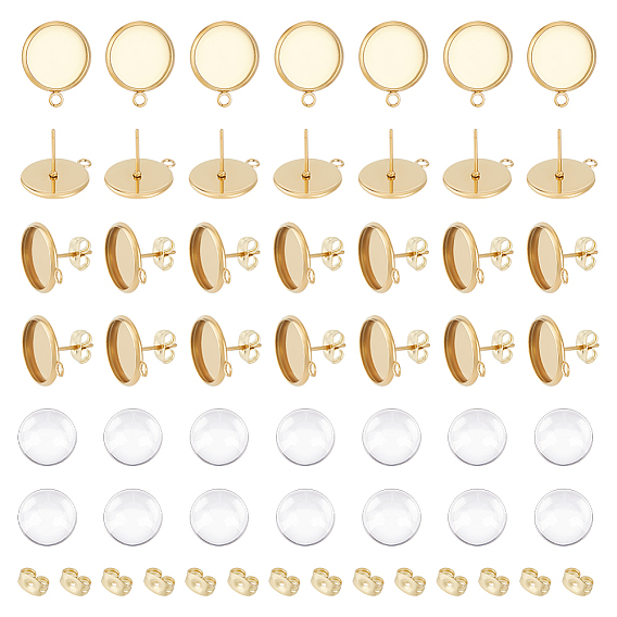 30 шт. 304 плоские круглые серьги-гвоздики из нержавеющей стали, с горизонтальными петлями и ушными гайками 30шт., с 30 стеклянными кабошонами