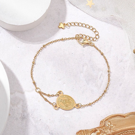 304 Браслеты с подвесками из нержавеющей стали и цепочками для женщин, овальные с рисунками " virgin mary"