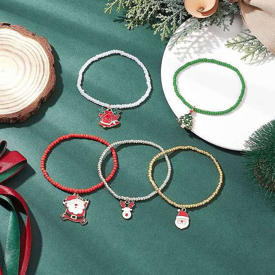 5шт. рождественские браслеты с подвесками из сплава и эмали, браслеты из стеклянных бусин для мужчин и женщин, разнообразные