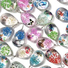 Transparent Glass Pendants, Dried Flower inside and Stainless Steel Finding, Teardrop