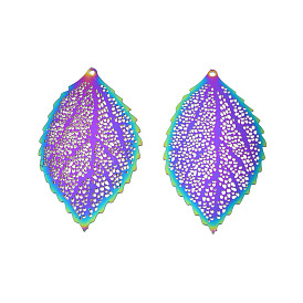 Ion Plating(IP) 201 Stainless Steel Filigree Pendants, Etched Metal Embellishments, Leaf