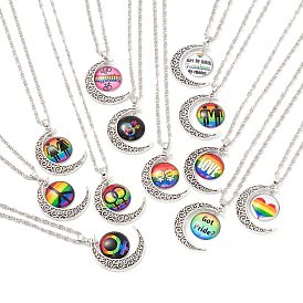 Collar del orgullo del arco iris, Collar plano redondo con patrón y colgante de luna para hombres y mujeres., plata antigua y platino