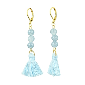 Polycotton Tassel Leverback Earrings, with Dyed Natural Quartz Round Beads, Imitation Aquamarine, Blue, Golden