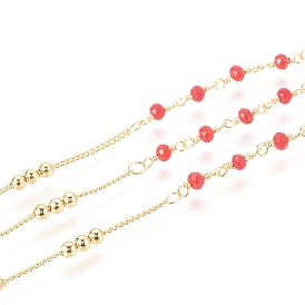 Brass Handmade Beaded Chain, Curb Chains, with Faceted Glass Bead, Long-Lasting Plated, Real 18K Gold Plated, Unwelded, with Spool