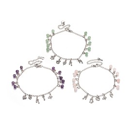 Round Gemstone Beaded Charm Anklets, with 304 Stainless Steel Chains and Lobster Clasps, 230mm