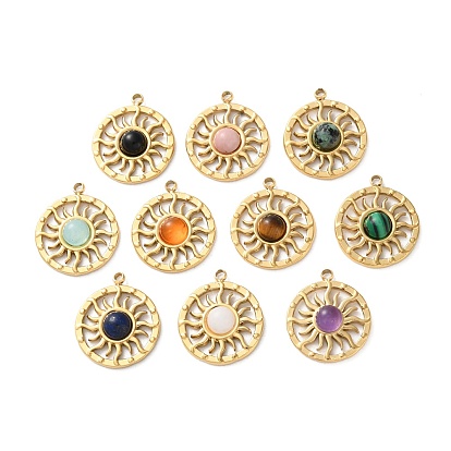 Ионное покрытие (ip) 304 брелоки из нержавеющей стали, С камнями, плоский круглый с солнцем