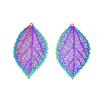 Ion Plating(IP) 201 Stainless Steel Filigree Pendants, Etched Metal Embellishments, Leaf