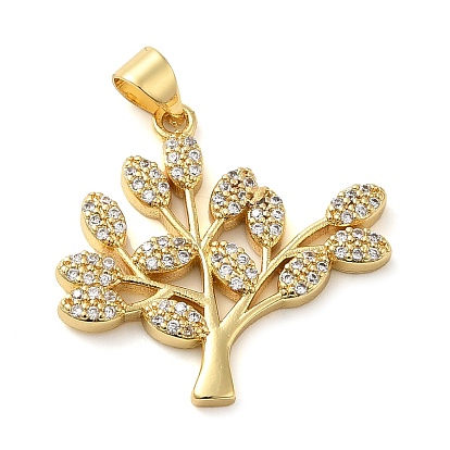 Rack Plating Brass Micro Pave Clear Cubic Zirconia Pendants, Long-Lasting Plated, Cadmium Free & Lead Free, Leaf
