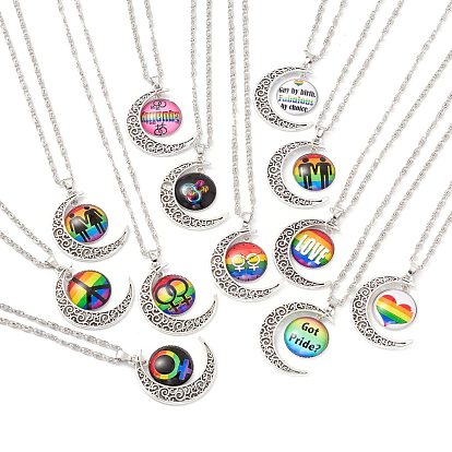 Collar del orgullo del arco iris, Collar plano redondo con patrón y colgante de luna para hombres y mujeres., plata antigua y platino