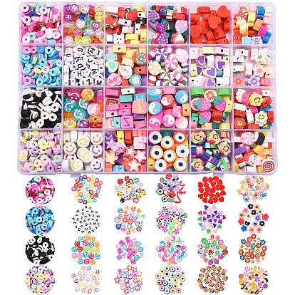 1370Pcs 24 Styles Butterfly & Candy & Fruit & Heart &Cake & Star Handmade Polymer Clay Beads, with Transparent & Opaque Acrylic Beads