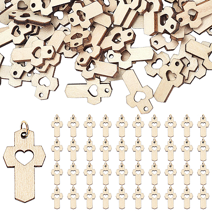 120 pcs pendentifs en bois, charmes croisées, avec 120pcs 304 anneaux ouverts en acier inoxydable