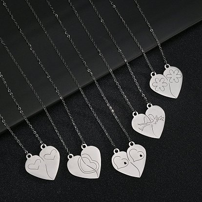 2Pcs 2 Style Couple Necklaces Set, 201 Stainless Steel Matching Splite Heart Pendants Necklace for Bestfriends Lovers, Stainless Steel Color