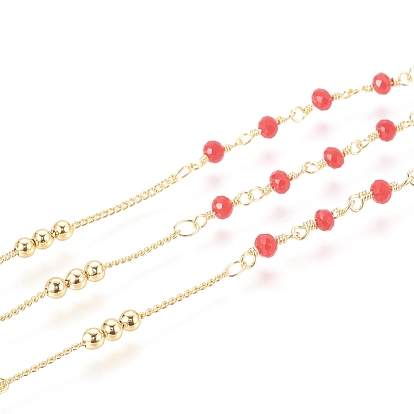 Brass Handmade Beaded Chain, Curb Chains, with Faceted Glass Bead, Long-Lasting Plated, Real 18K Gold Plated, Unwelded, with Spool