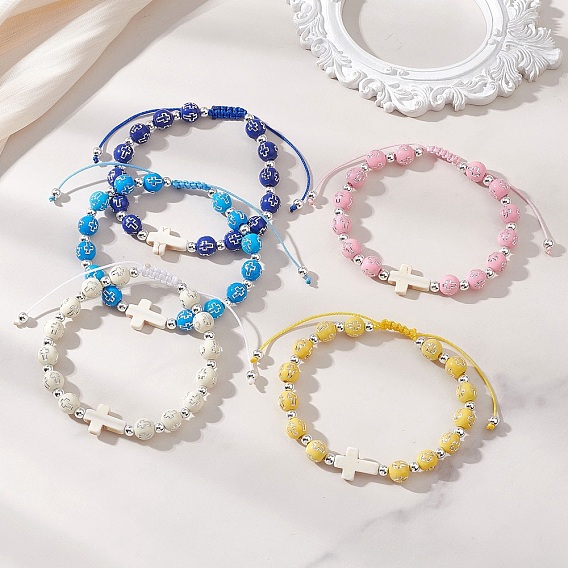 Регулируемые браслеты из акрила, синтетической бирюзы и немагнитного гематита, плетеные из бусин, для женщин., круглый с крестом и крестом
