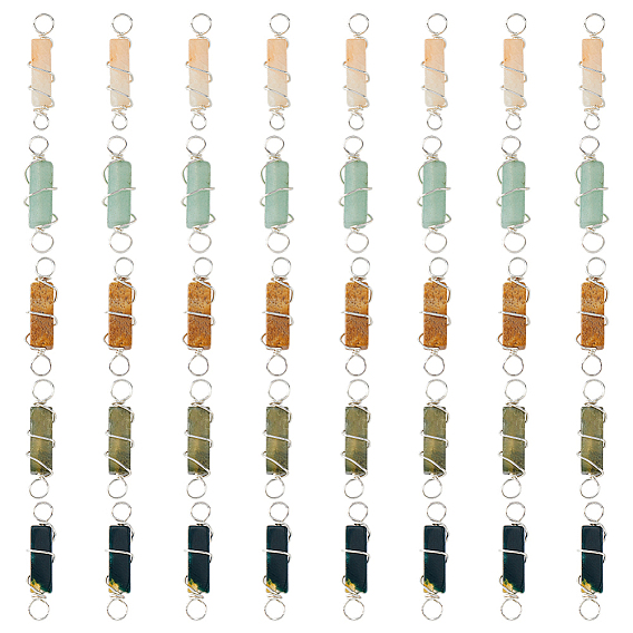 40 шт. 5 стили натуральный смешанный драгоценный камень медный провод обернутый соединитель подвески, прямоугольник ссылки, серебряный цвет гальваническим