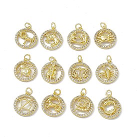 Real 18K Gold Plated Brass Micro Pave Clear Cubic Zirconia Pendants, with Jump Ring, Ring with Twelve Constellations Charm