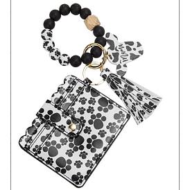 Bracelet en cuir porte-clés bracelet portefeuille pour femme, porte-cartes bracelet en silicone et perles de bois avec pompon, motif imprimé léopard/vache/patte