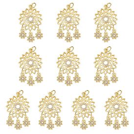 10Pcs Rack Plating Brass Micro Pave Clear Cubic Zirconia Pendants, with Jump Rings, Long-Lasting Plated, Cadmium Free & Lead Free, Flower