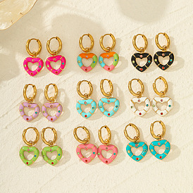 Colorful Heart-shaped Earrings with Oil Drop and Rhinestone, Simple Design Stainless Steel Studs for Women