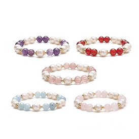 Natural Mixed Gemstone & Pearl Round Beaded Stretch Bracelet for Women