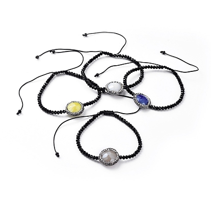 Faceted Rondelle Glass Braided Bead Bracelets, with Flat Round Electroplate Glass Beads, with Rhinestone, Nylon Thread Cord and Burlap Bag