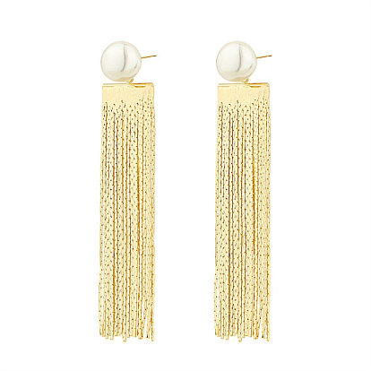 Brass Dangle Stud Earrings, Tassel Earrings, with Imitation Pearl Beads