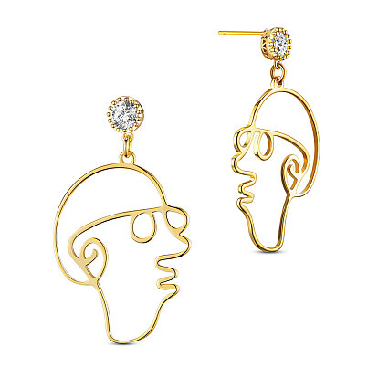 Brass Dangle Stud Earrings, with Czech Rhinestone, Face