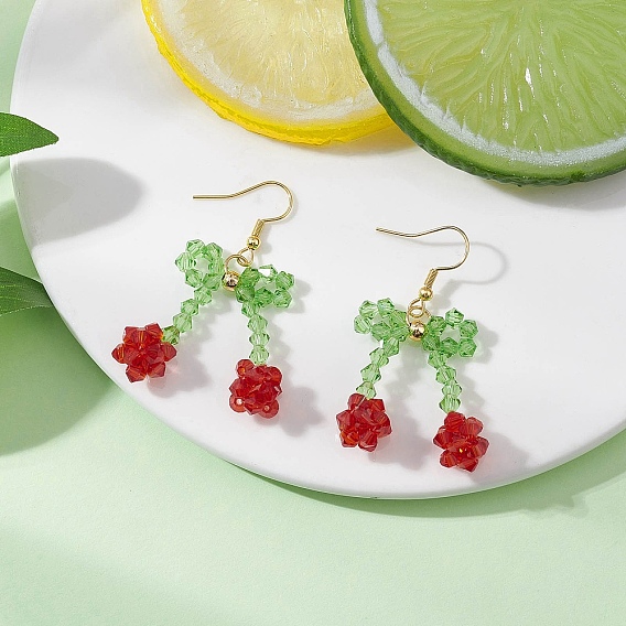 Вишневые стеклянные серьги-подвески, золотые