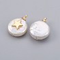 Natural Cultured Freshwater Pearl Pendants, with Brass Findings, Long-Lasting Plated, Flat Round with Star, Real 18K Gold Plated