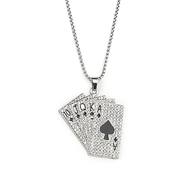 201 Stainless Steel Chain, Zinc Alloy Pendant and Rhinestone Necklaces, Playing Card