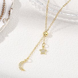 Adjustable Brass Cable Chain Lariat Necklaces, with Brass Micro Pave Clear Cubic Zirconia Moon & Star Tassel