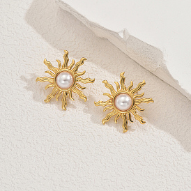 Серьги-гвоздики из нержавеющей стали в форме цветка, с имитацией жемчуга