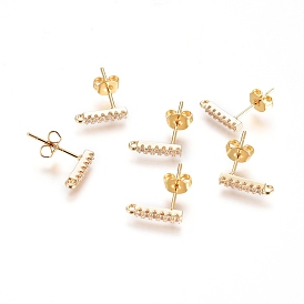 Brass Micro Pave Cubic Zirconia Stud Earring Finding, Long-Lasting Plated, Strip, with Loop and Ear Nuts, Clear
