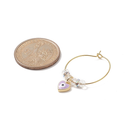 Evil Eye Heart Brass Enamel Pendants Wine Glass Charms Sets, with Brass Hoop Earrings Findings, Brass Rhinestone Spacer Beads