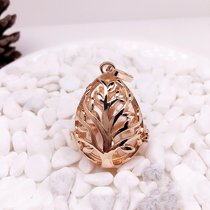 Brass Bead Cage Pendants, for Chime Ball Pendant Necklaces Making, Hollow, Teardrop with Tree Charm