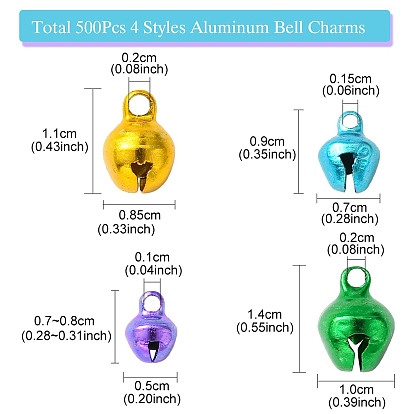 500Pcs 4 Styles Aluminum Bell Charms, for Jewelry Making